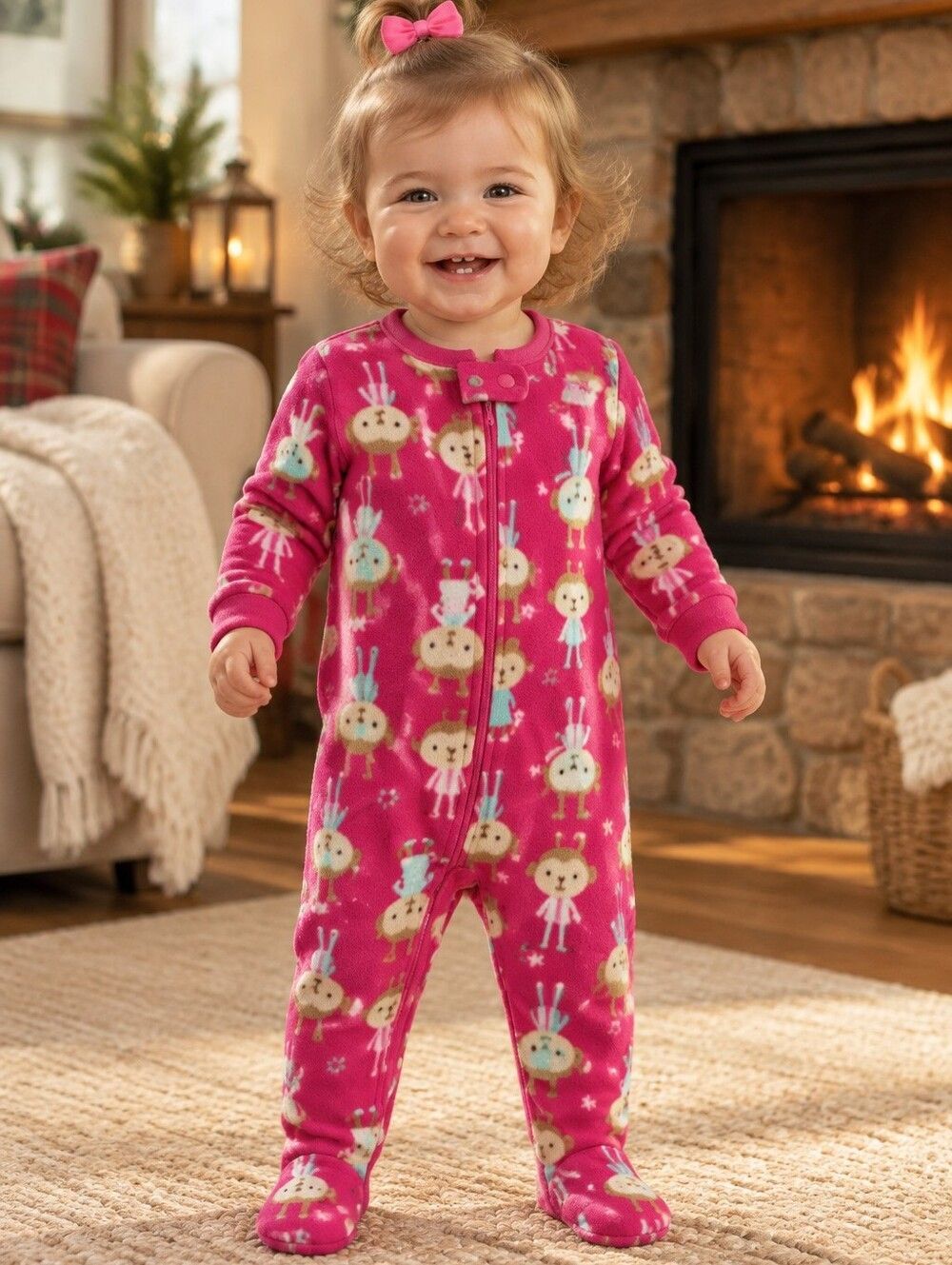 Carter's Girls 18M Pink Monkey Print 1-Piece Fleece Footie PJs Sleep Play Pajama